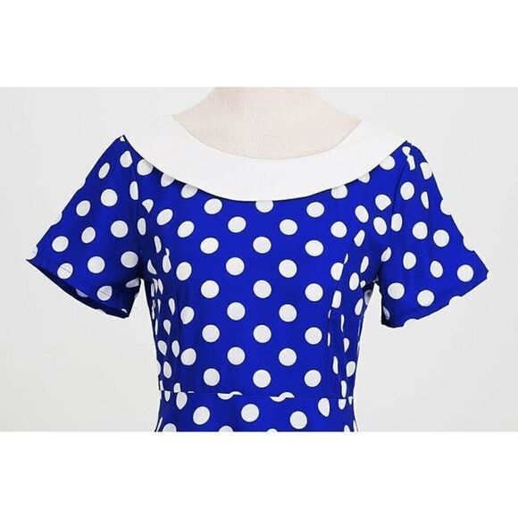 💙 NEW Pinup Retro 1950s Shawl Collar Bow Back Blue Polka Dot Tea Dress SIZE XL - Picture 2 of 16